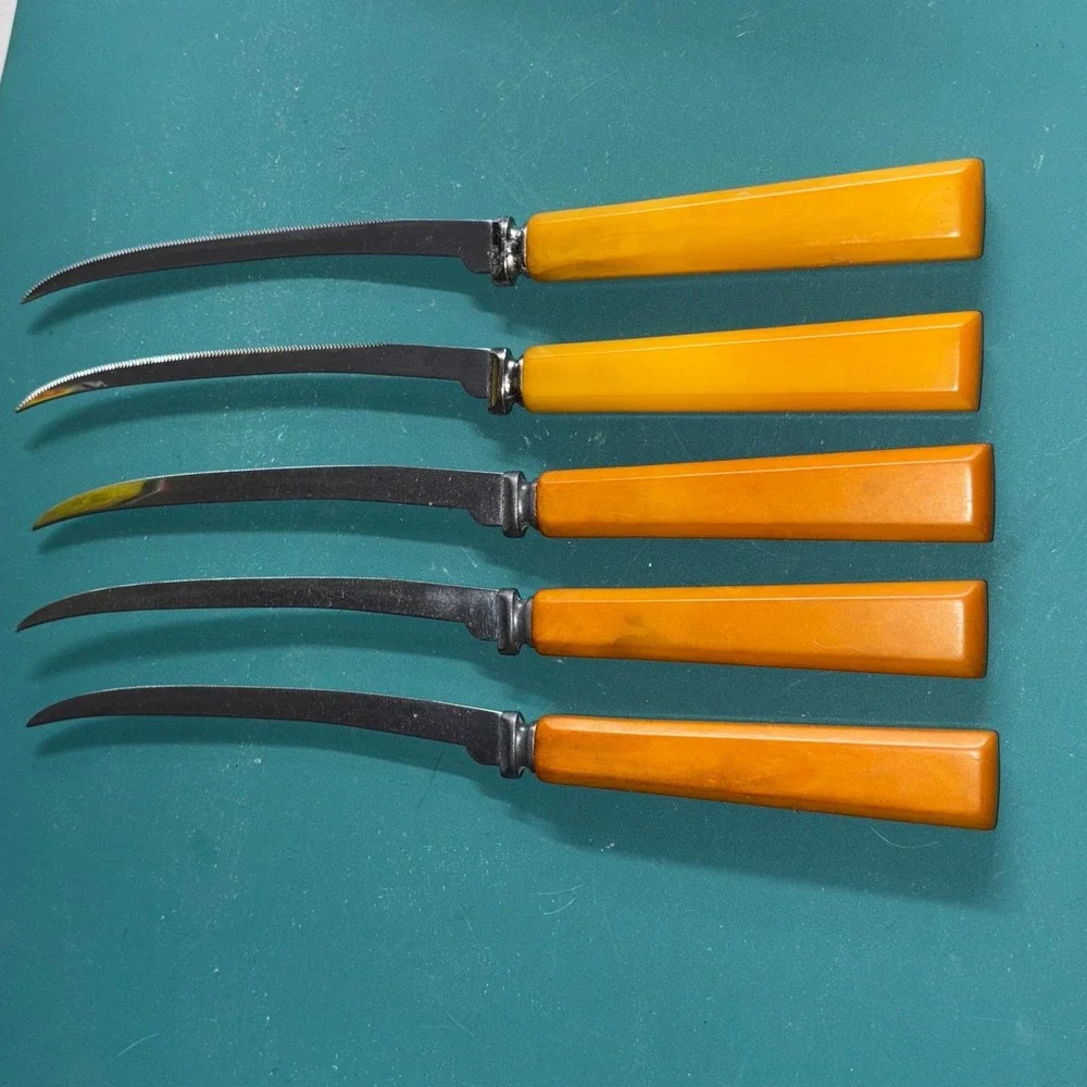 Vintage Henry's Stainless Steel Steak Knives Set Amber Bakelite Handles Set of 5